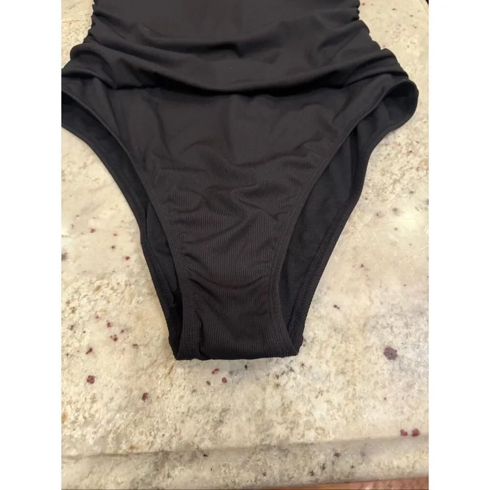Shade & Shore Black Side Ruched High Back Ribbed Strapless Swimsuit Sz L NWT